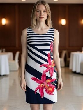Cache Navy & White Striped  Dress with Pink Floral Accent Cache XL